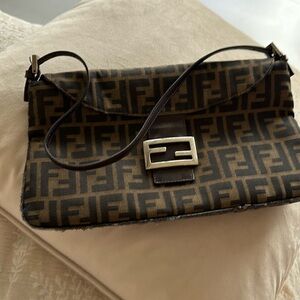 Fendi Baguette Style Shoulder Cross Body Zucco Print In Browns Canvas